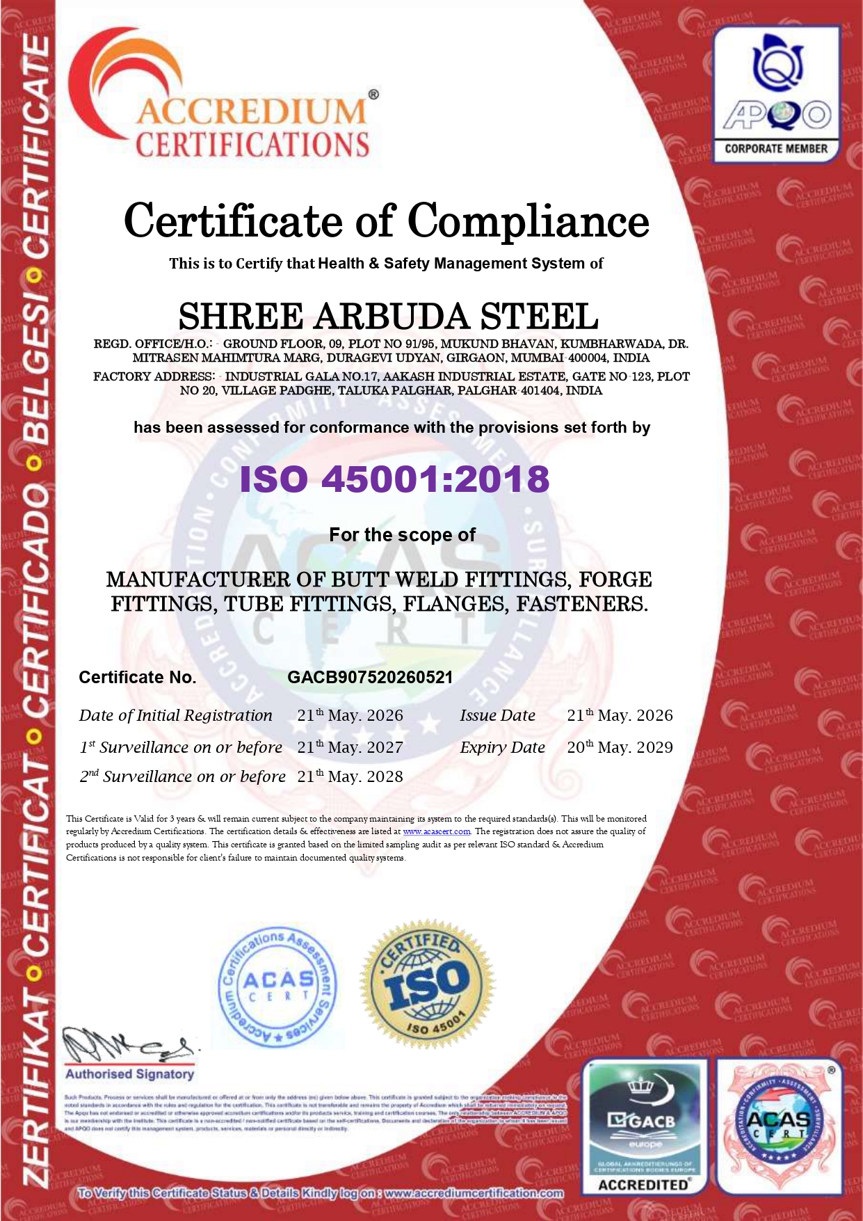 Shree Arbuda Steel ISO Certification